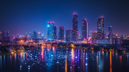 Obraz premium Smart digital city with connection cyber security network reciprocity over the cityscape . future smart wireless digital city and social media networking systems that connects people within the city