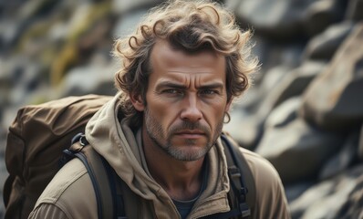 Determined male outdoorsman in rugged terrain