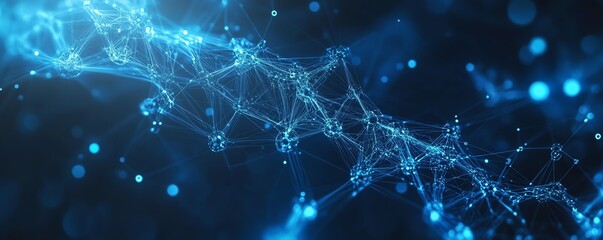Healthcare and technology concept with cogs, gear wheels, and wireframe blue mesh, featuring low polygonal lines, dots, and shapes on a dark background