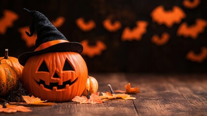 Naklejka premium A festive Halloween pumpkin with a witch hat, surrounded by autumn leaves and bats.