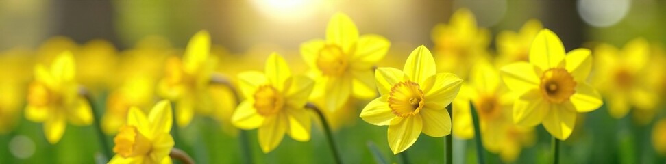 Fototapeta premium Sunshine bright yellow daffodils swaying gently in a field, petals, blooming