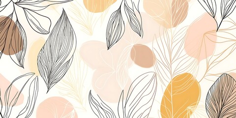 Abstract botanical illustration with line art leaves and pastel shapes.