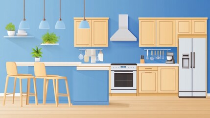 Modern kitchen interior design with island, cabinets, and appliances.