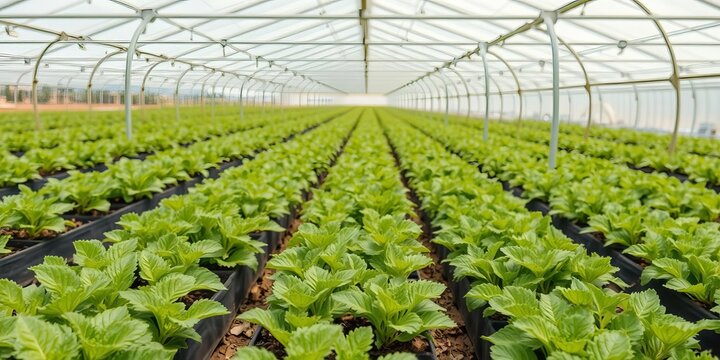 Extreme close up of an enabled greenhouse with advanced technology growing sustainable crops, green technology, environmental friendly
