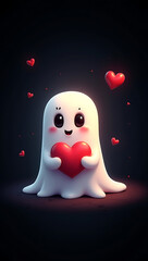 Obraz premium A cute phone HD wallpaper with a cartoon ghost holding a heart on a black background, with a soft glow around it.