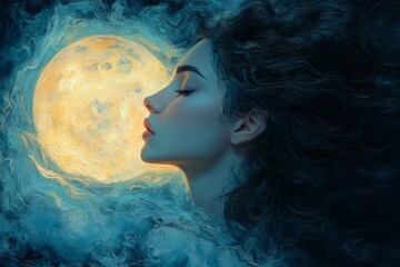 Woman with long hair is painted on canvas with large moon in the background. Dreamy, ethereal quality to it