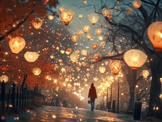 Woman Walks Through Enchanting Lantern Lit Pathway