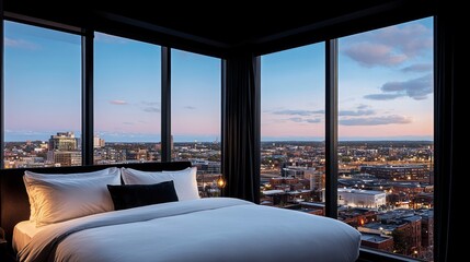 Fototapeta premium Serene Cityscape View from Luxurious Hotel Room