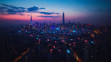 Fototapeta premium Smart digital city with connection cyber security network reciprocity over the cityscape . future smart wireless digital city and social media networking systems that connects people within the city