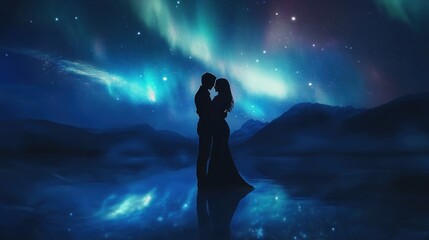 Fototapeta premium A romantic silhouette of a couple under a vibrant aurora borealis.
