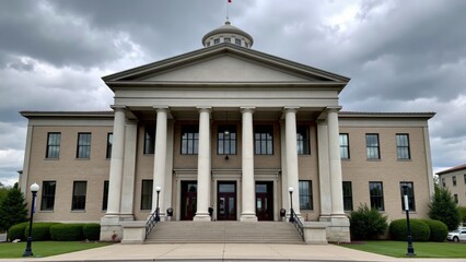 Obraz premium Dramatic courthouse exterior featuring towering stone columns and grand architecture, symbolizing justice, authority, and the importance of legal proceedings in society.