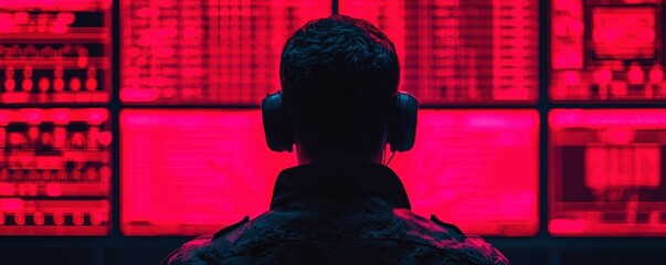 military prison control concept. A person wearing headphones faces a wall of glowing red screens displaying data, creating a high-tech, immersive atmosphere.