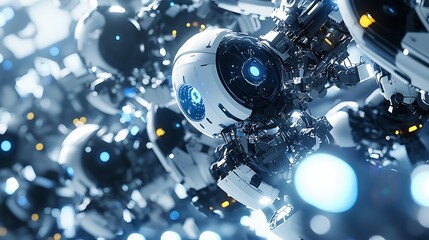 A Swarm of Futuristic White and Black Robotic Spheres with Glowing Blue Lenses