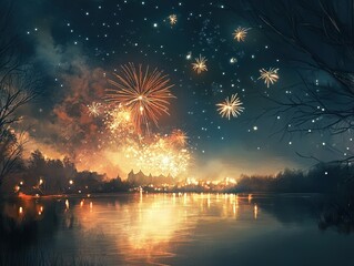 Festive Fireworks Display Over Calm Lake at Night