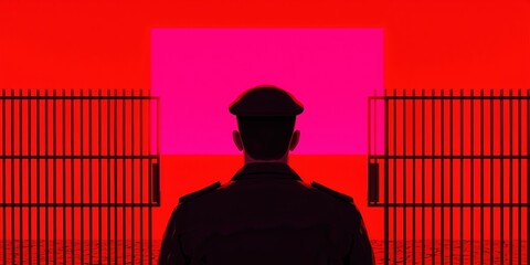military prison control concept. A silhouetted figure in a uniform stands before a vibrant red background, framed by stark bars, creating a striking, dramatic visual contrast.