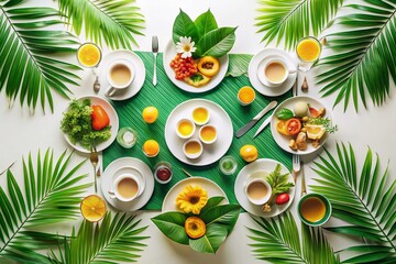 Aerial Drone View of Tropical Brunch Setting with Minimalist Linear Leaves