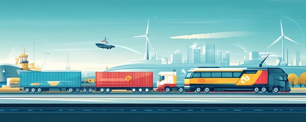 Obraz premium A green logistics concept showcasing renewable energydriven transport, including trucks, trains, and ships, emphasizing a sustainable global transport system