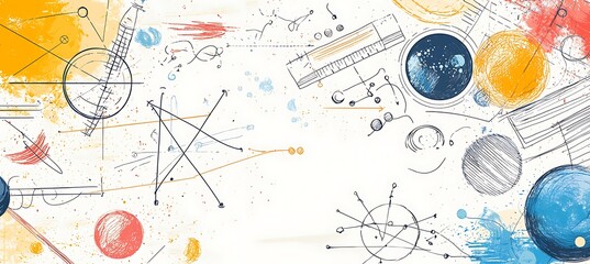 Abstract Geometric Composition with Watercolor Splashes and Line Drawings