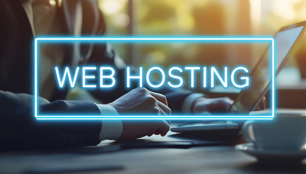 A business professional using a tablet at an outdoor workspace, with a glowing neon "WEB HOSTING" overlay, highlighting digital technology and hosting services.