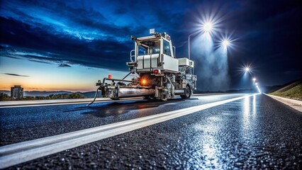 Aerial Night View: Road Marking Machine Applying White Paint to New Asphalt