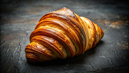 beautifully baked croissant showcasing golden layers and flaky texture, resting on dark stone surface. This serene culinary moment captures essence of pastry perfection