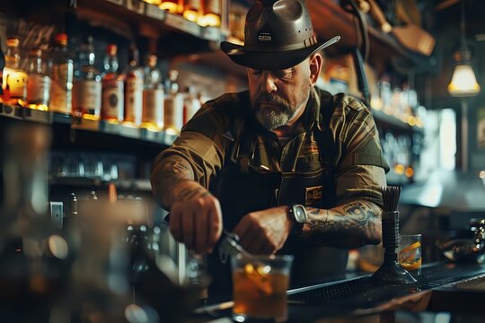 Bartender Crafts Exquisite Cocktail: Mixing, Muddling, and Garnishing with Precision and Flair in a Rustic Bar Setting;  A Masterful Display of Mixology Expertise.