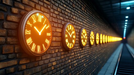 An artistic perspective of a subway tunnel featuring multiple glowing clocks on a brick wall, creating a surreal and timeless atmosphere.