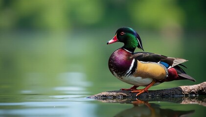 Whistling duck resting on a branch over water, exotic species, serene lake, bird perched