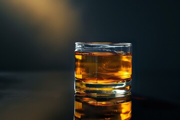 Golden Liquid in a Glass Reflecting Light: A Study of Color, Texture, and Light Play on a Dark Background.  Exploring the Visual Appeal of Drinks and Their Ambiance.
