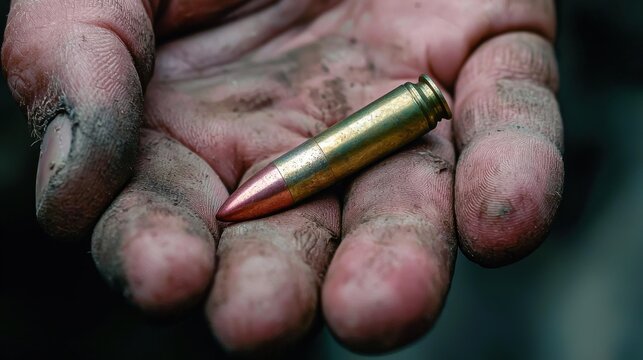Close up of a weathered hand holding a bullet cartridge conveying a sense of power danger and military conflict