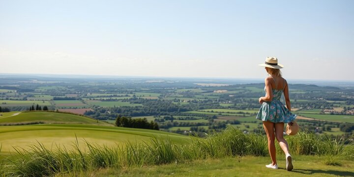 Fit woman in modern golf attire admiring the horizon on a sunny day at a countryside golf course, countryside, day