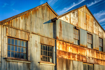 Obraz premium Rustic industrial building with weathered metal siding and large windows, showcasing architectural details and blend of textures under blue sky