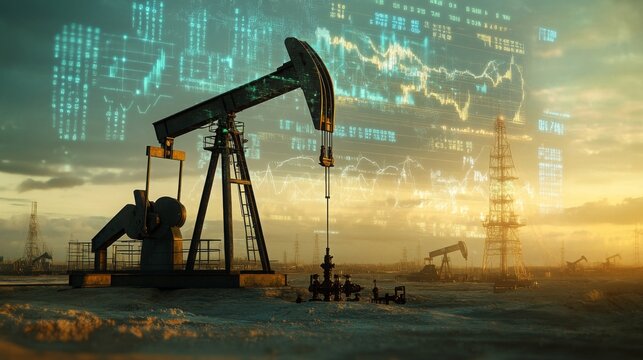 An oil pump jack operates against a backdrop of digital graphs and industrial structures, symbolizing the energy sector's connection to technology and data analysis. - Powered by Adobe
