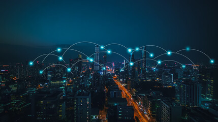 Smart digital city with connection cyber security network reciprocity over the cityscape . future smart wireless digital city and social media networking systems that connects people within the city