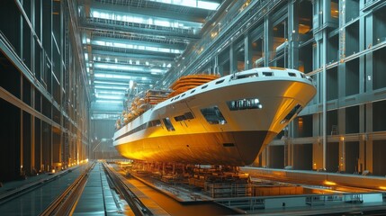 Naklejka premium Luxury yacht under construction in a large shipyard.