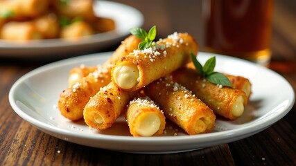 Fototapeta premium Crispy Mozzarella Sticks - Delicious Appetizer - Gourmet Plate - Food Photography - Appetizer Plate - Restaurant Style
