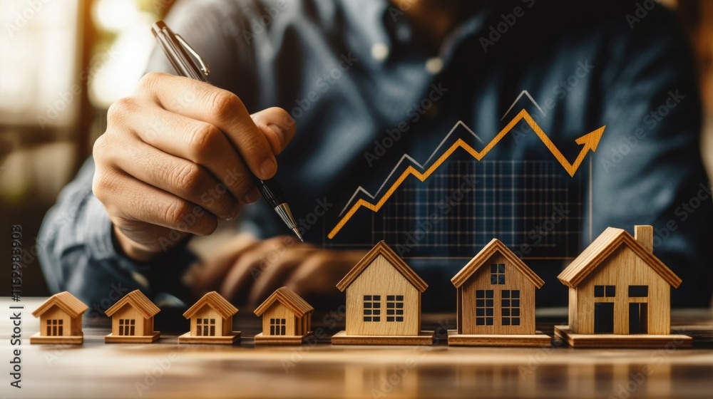 Aufkleber a person analyzes real estate trends, using a pen to mark data while miniature wooden houses and a g