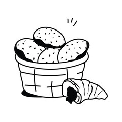 Icon of a wicker basket filled with bread rolls and croissants