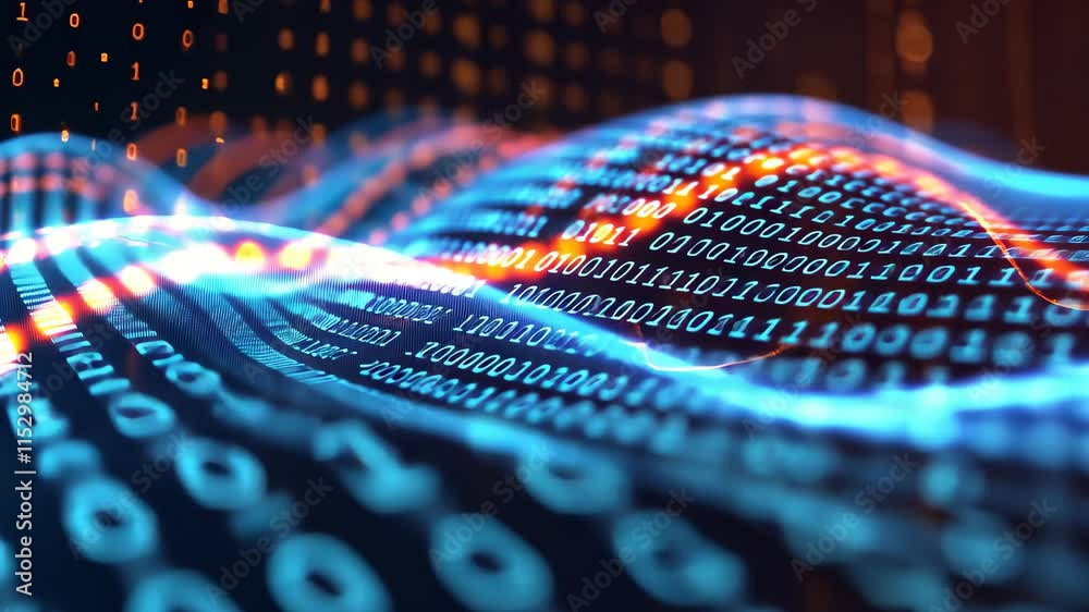 Fototapete a computer screen showing a dynamic wave of numbers in various colors and sizes, close up shot of bi