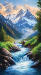 Fototapeta premium The grasslands and streams under the snow capped mountains