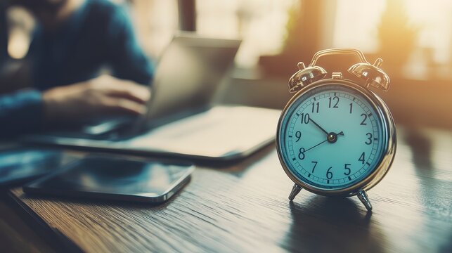 Close-up of vintage alarm clock on desk with blurred person using laptop.