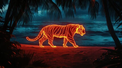 Neon hologram of tiger