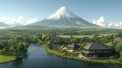 Naklejka premium Serene Lakeside Retreat with Majestic Volcano View