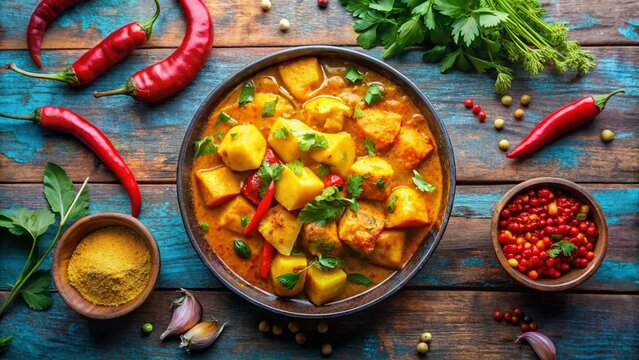 Aerial View of Aloo Tarkari, Indian Potato Vegetable Dish, Top Down Shot