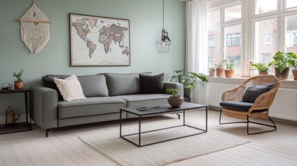 Modern living room with gray sofa, world map, and plants.