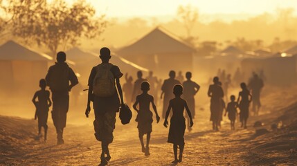 People Walking in a Refugee Camp at Sunrise