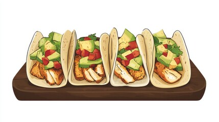 Delicious Chicken Tacos with Fresh Avocado and Vegetable Salsa Served in Soft Tortillas on a Rustic Wooden Serving Board