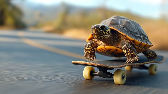 A charming turtle skateboarding along a sunlit path, showcasing a playful scene filled with motion and vibrant colors. From Slow to Fast