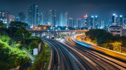 Fototapeta premium Night cityscape with train tracks and city skyline.