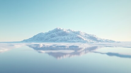 Cloud island reflecting in calm water under a pastel sky.